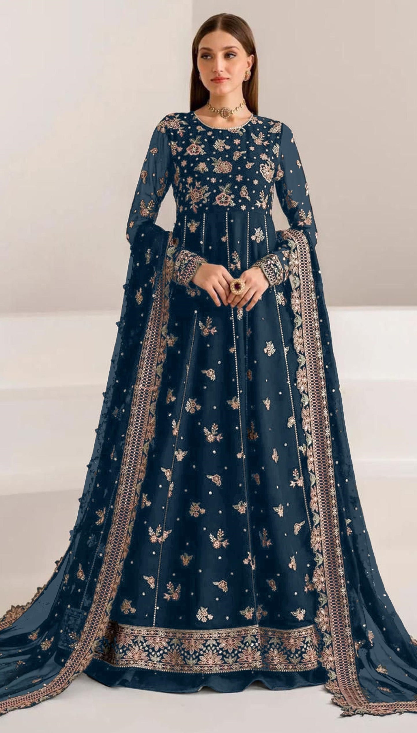 Navy Blue Fauk Gerogette Sequence Embroidered Semi Stitched Salwar Suit