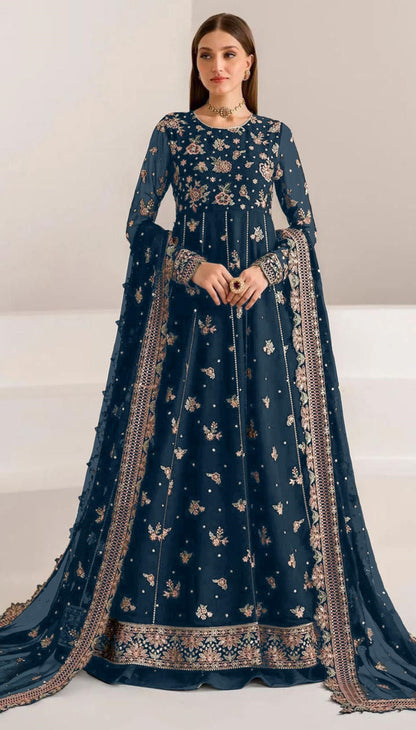 Navy Blue Fauk Gerogette Sequence Embroidered Semi Stitched Salwar Suit