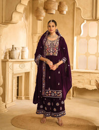Wine Embroderied Velvet Semi-Stitched Plazo Suit