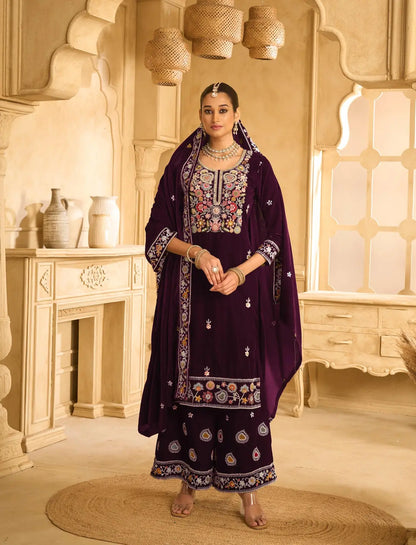 Wine Embroderied Velvet Semi-Stitched Plazo Suit