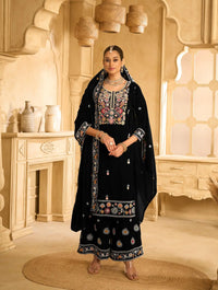 Black Embroderied Velvet Semi-Stitched Plazo Suit