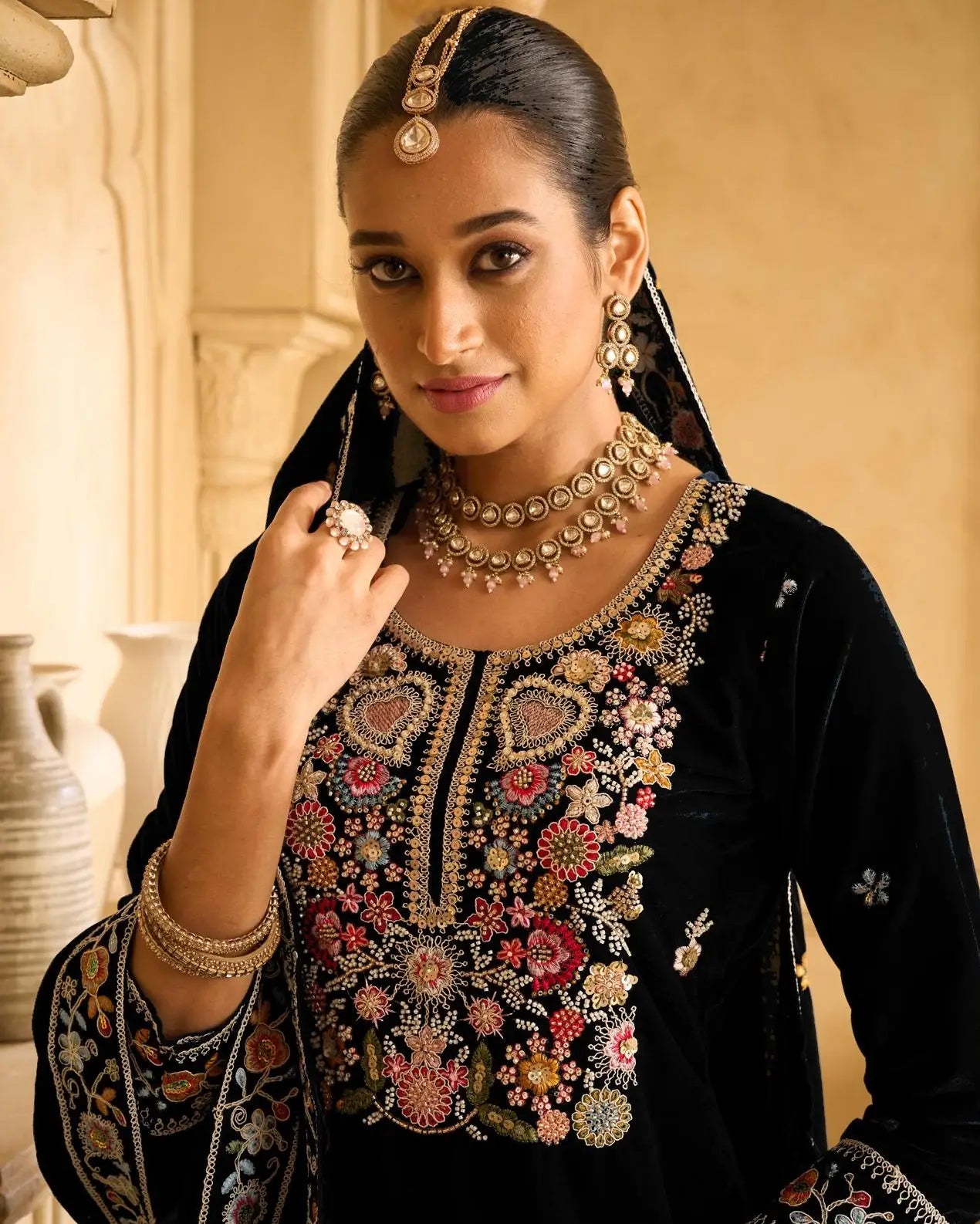 Black Embroderied Velvet Semi-Stitched Plazo Suit