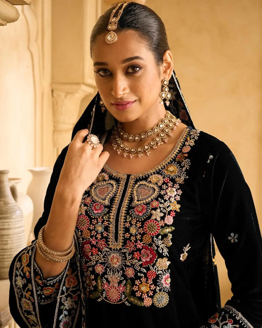 Black Embroderied Velvet Semi-Stitched Plazo Suit