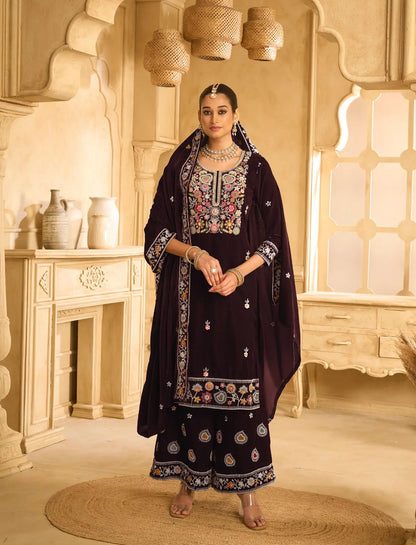 Maroon Embroderied Velvet Semi-Stitched Plazo Suit