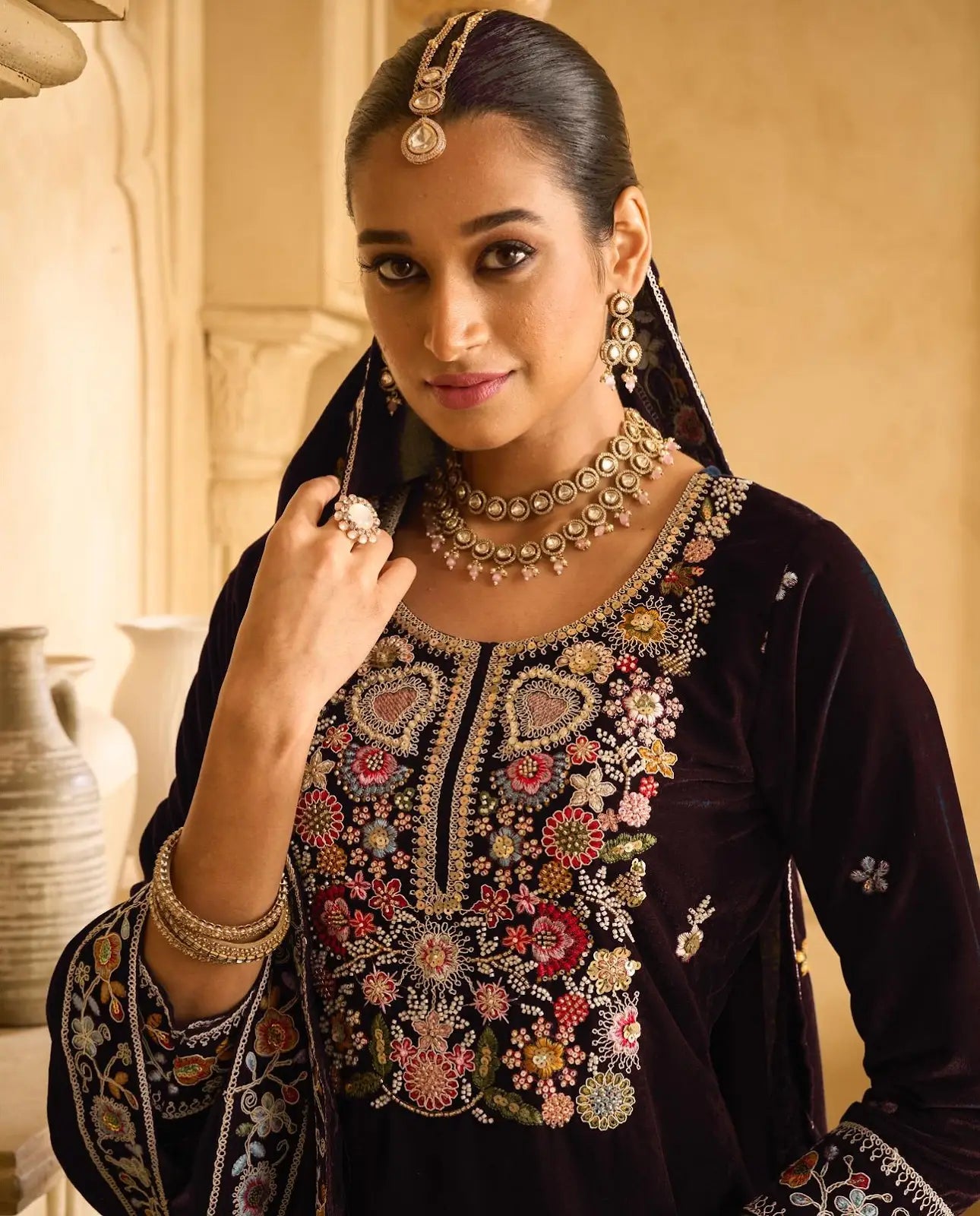 Maroon Embroderied Velvet Semi-Stitched Plazo Suit