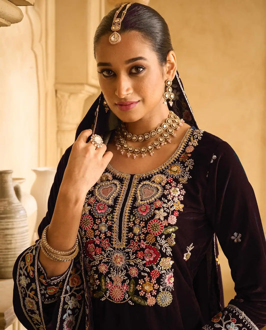 Maroon Embroderied Velvet Semi-Stitched Plazo Suit