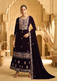Dark Maroon Embroderied with Beads Velvet Semi-Stitched Plazo Suit