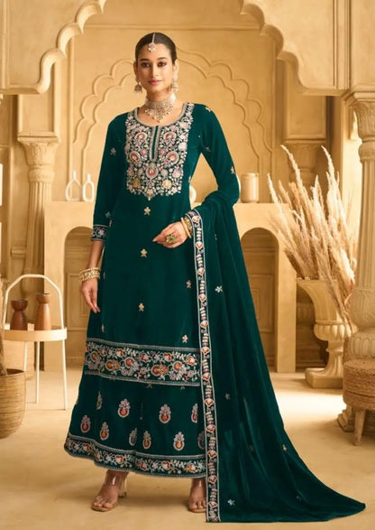Dark Green Embroderied with Beads Velvet Semi-Stitched Plazo Suit