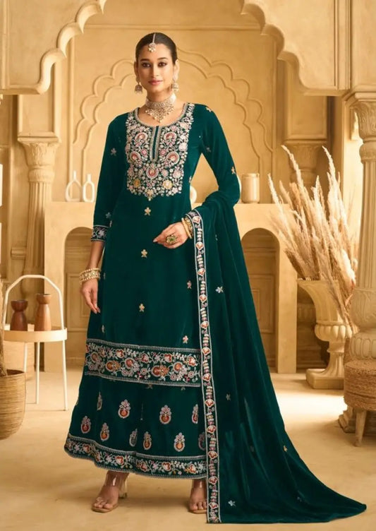 Dark Green Embroderied with Beads Velvet Semi-Stitched Plazo Suit