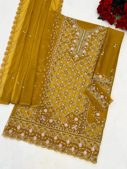 Yellow Chiffon Semi Stitched Suit with Embroidered Sequence Work