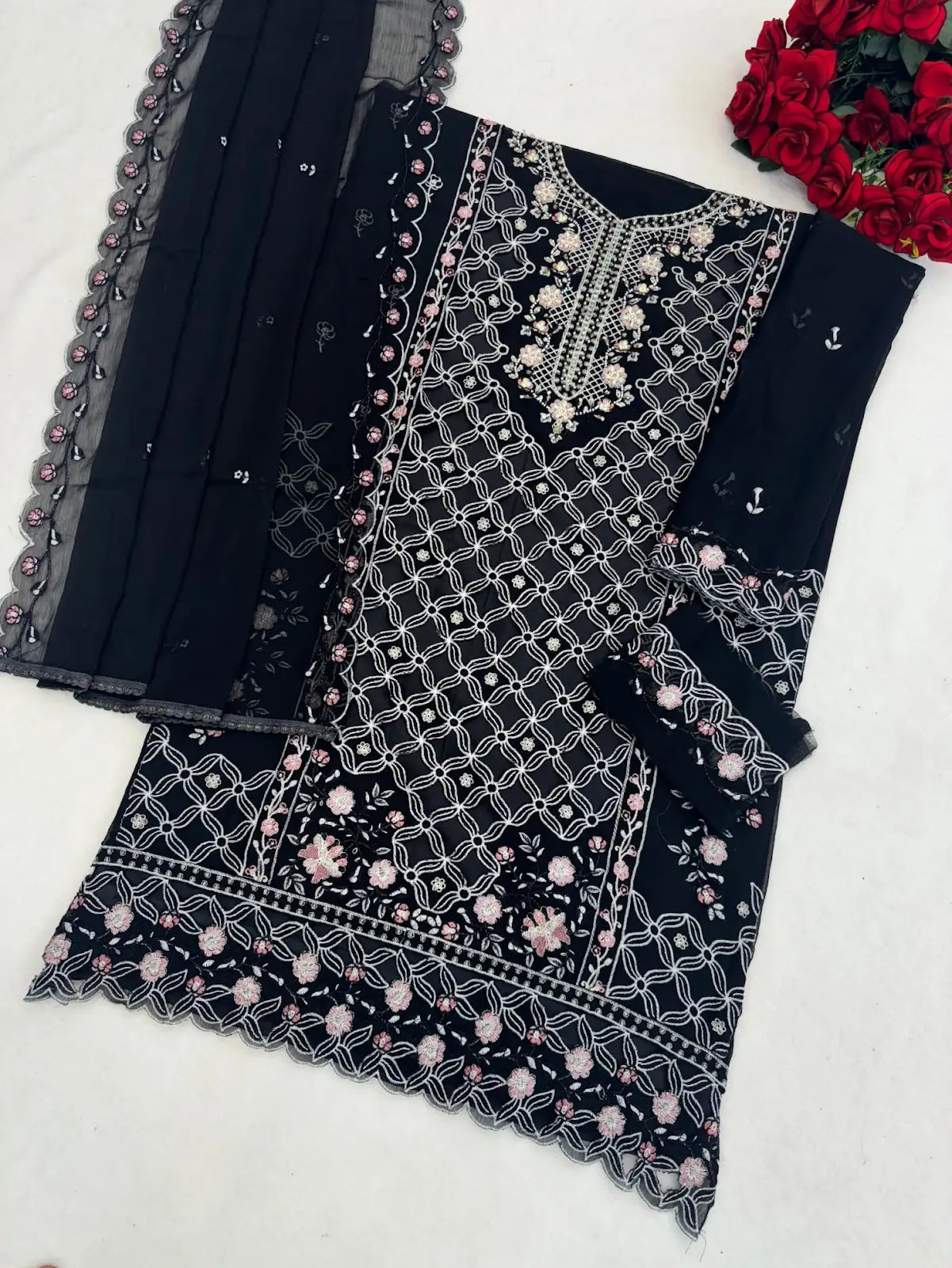 Black Chiffon Semi Stitched Suit with Embroidered Sequence Work
