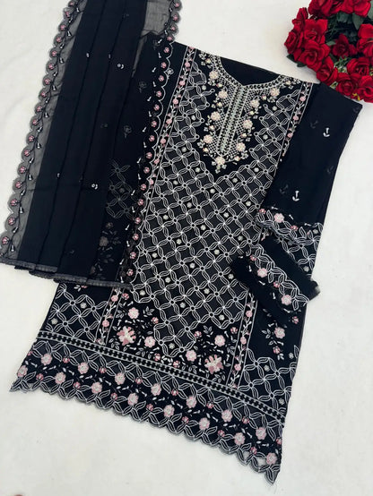Black Chiffon Semi Stitched Suit with Embroidered Sequence Work