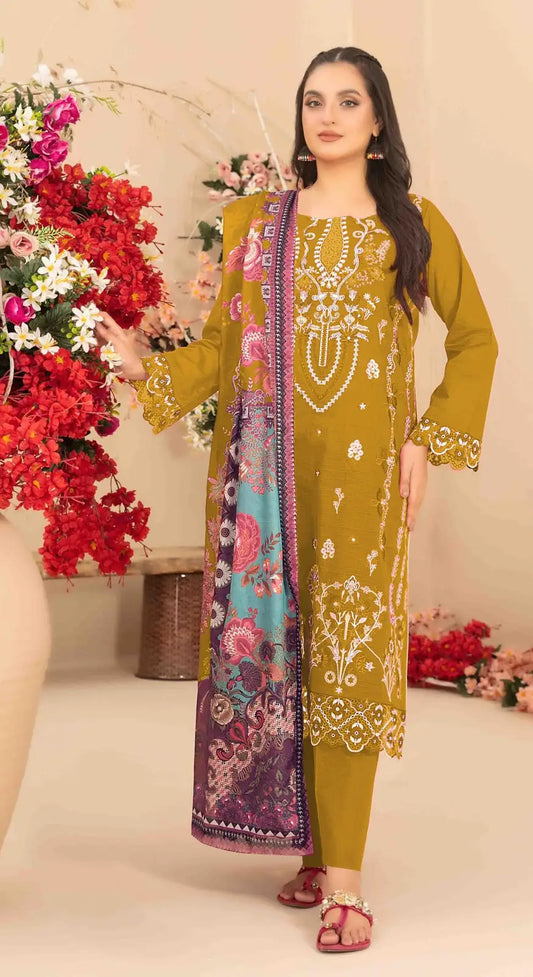 Yellow Cambric Cotton Semi Stitched Suit with Embroidered & Khatli Work