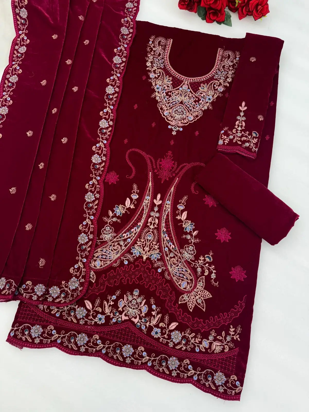 Red Velvet Semi Stitched Suit with Embroidery Codding Work
