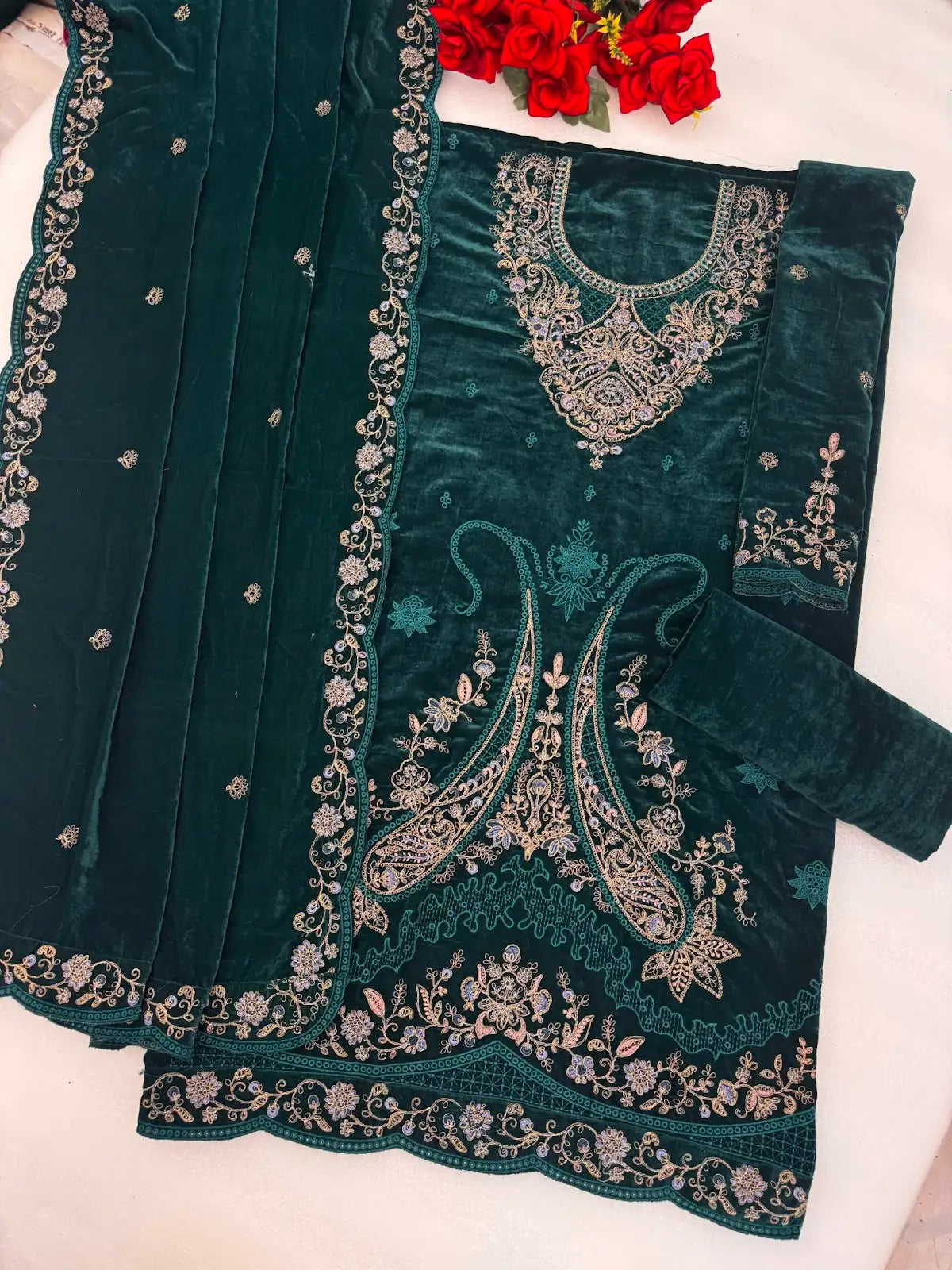 Dark Green Velvet Semi Stitched Suit with Embroidery Codding Work