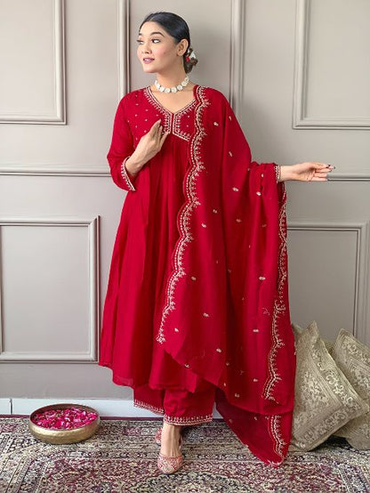 Women's Vichitra Silk Fabric Alia Cut Kurta, Palazzo and Dupatta Set