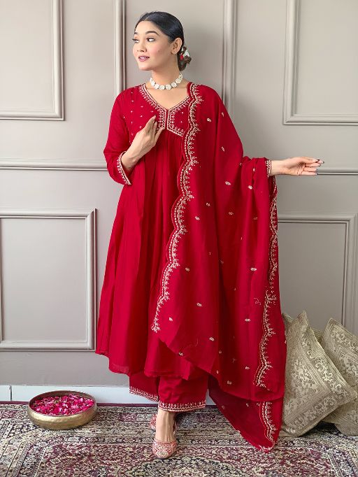 Women's Vichitra Silk Fabric Alia Cut Kurta, Palazzo and Dupatta Set