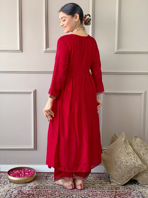Women's Vichitra Silk Fabric Alia Cut Kurta, Palazzo and Dupatta Set