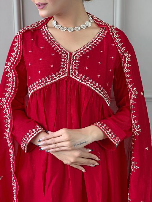 Women's Vichitra Silk Fabric Alia Cut Kurta, Palazzo and Dupatta Set