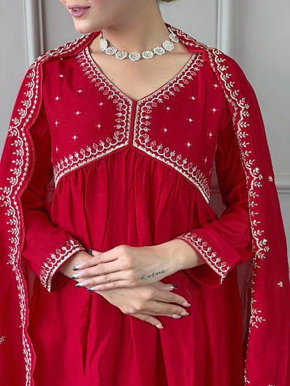 Women's Vichitra Silk Fabric Alia Cut Kurta, Palazzo and Dupatta Set