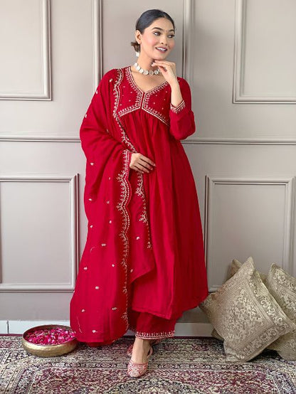 Women's Vichitra Silk Fabric Alia Cut Kurta, Palazzo and Dupatta Set