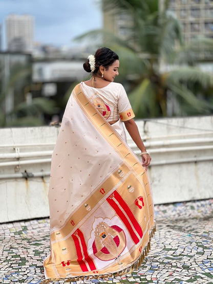 Cream Color Soft Silk Fabric Woven Paithani Designer Cultural Rich Saree