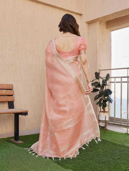 Peach Color Tissue Linen Silk Fabric Weaving Jari Lining Designer Saree