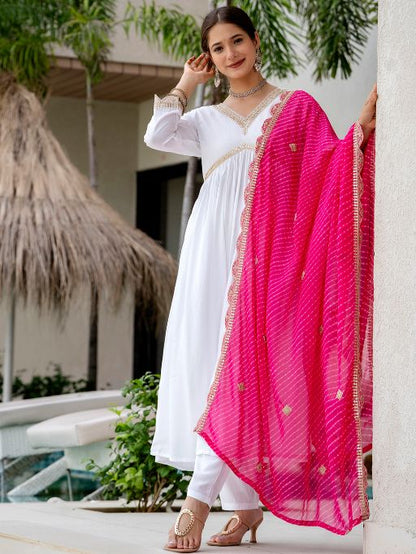 Women's Gorgeous Embroidery Chandrei Fabric Straight Kurta, Pant and Dupatta Set 463