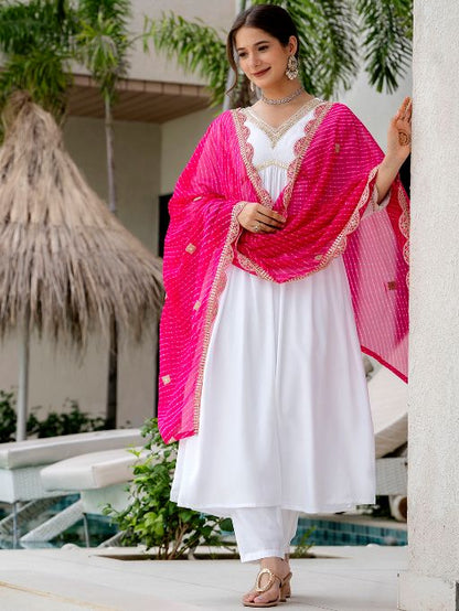Women's Gorgeous Embroidery Chandrei Fabric Straight Kurta, Pant and Dupatta Set 463