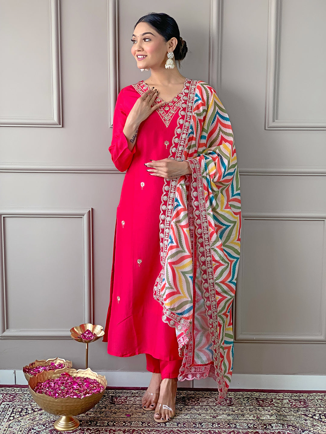 Red Women Embroidered Viscose Kurta Pant and Dupatta set