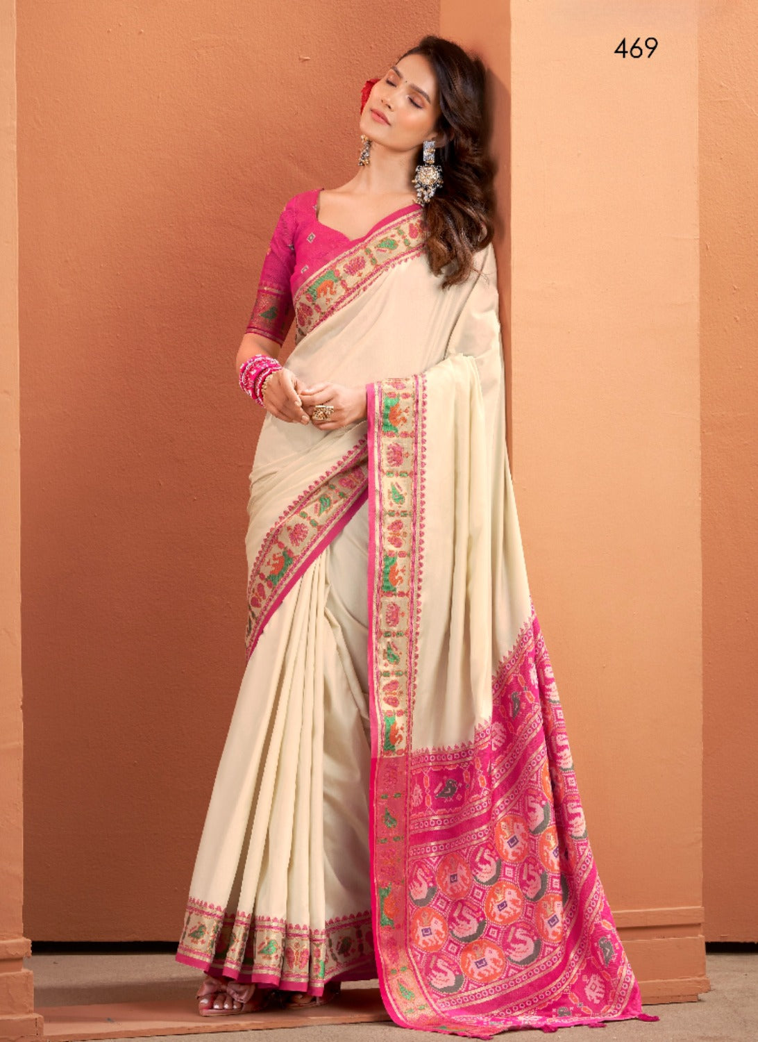 Beige silk zari weaving with classic patola saree With blouse