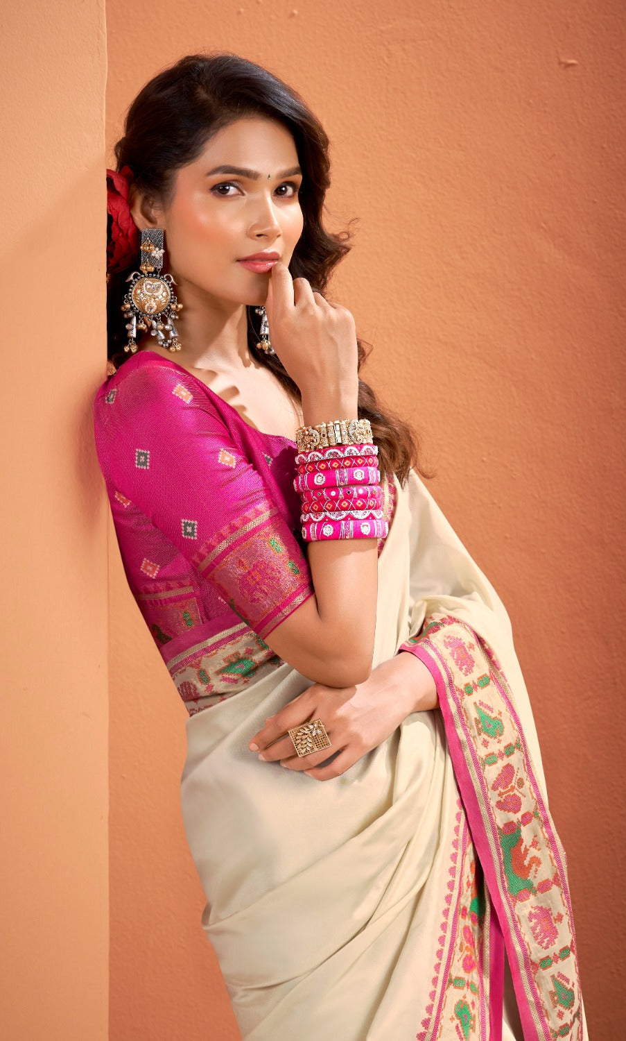 Beige silk zari weaving with classic patola saree With blouse
