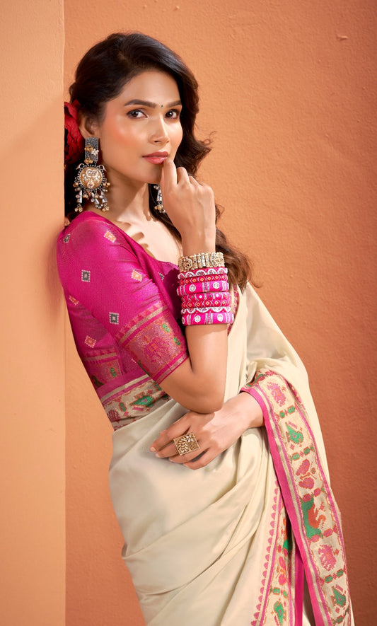 Beige silk zari weaving with classic patola saree With blouse