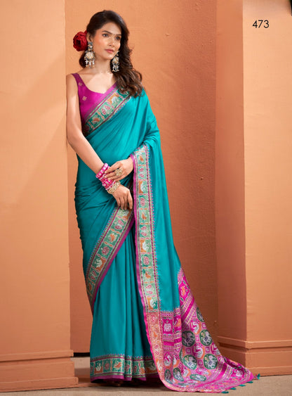 Teal soft Silk Zari weaving work saree with blouse
