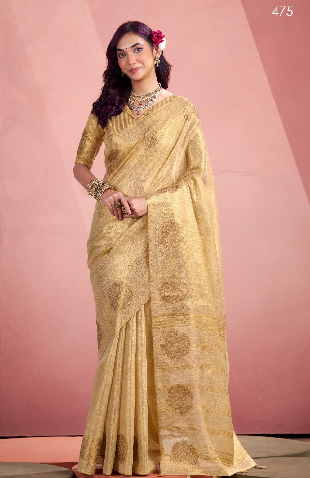 Beige Silk Tissue Zari Weaving work Saree with Blouse Piece