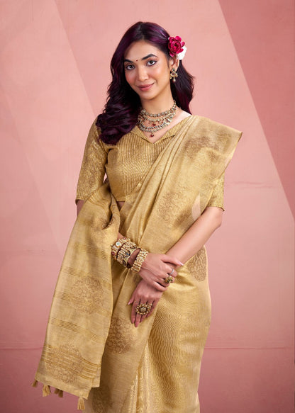Beige Silk Tissue Zari Weaving work Saree with Blouse Piece
