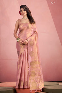 Baby Pink Silk Tissue Zari Weaving work Saree with Blouse Piece
