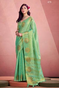 Sea Green Silk Tissue Zari Weaving work Saree with Blouse Piece