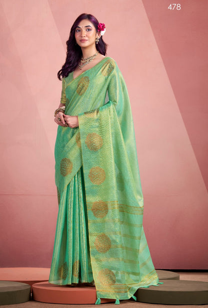 Sea Green Silk Tissue Zari Weaving work Saree with Blouse Piece