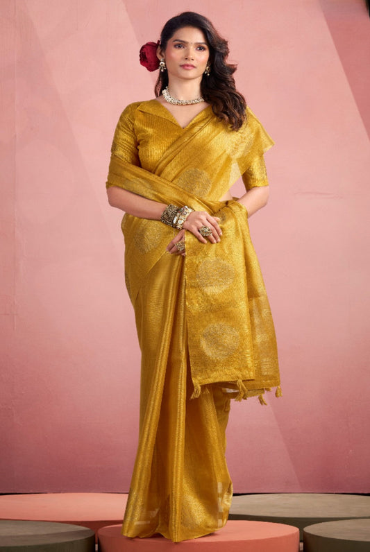 Mustard Silk Tissue Zari Weaving work Saree with Blouse Piece