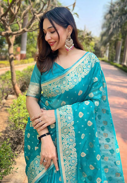 Sky Blue Color Organza Fabric Woven Designer Ceremonial Partywear Saree
