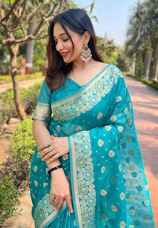 Sky Blue Color Organza Fabric Woven Designer Ceremonial Partywear Saree