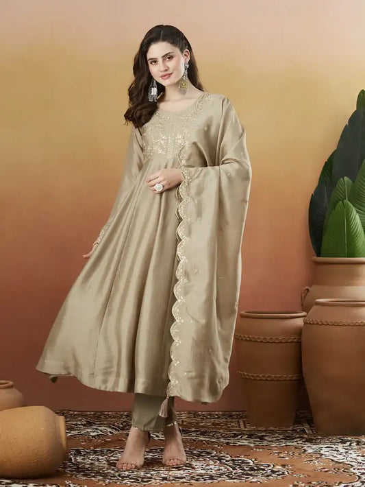 Women's Beautiful Vichitra Silk Fabric Embroidery Work Flared Anarkali Pant and Dupatta Set Janvi