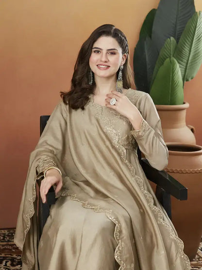 Women's Beautiful Vichitra Silk Fabric Embroidery Work Flared Anarkali Pant and Dupatta Set Janvi