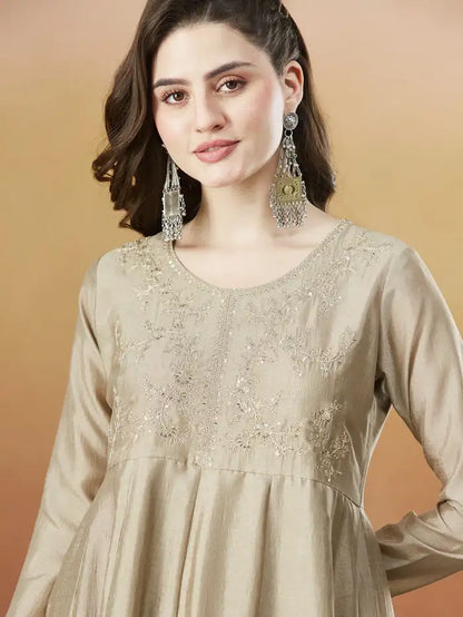 Women's Beautiful Vichitra Silk Fabric Embroidery Work Flared Anarkali Pant and Dupatta Set Janvi