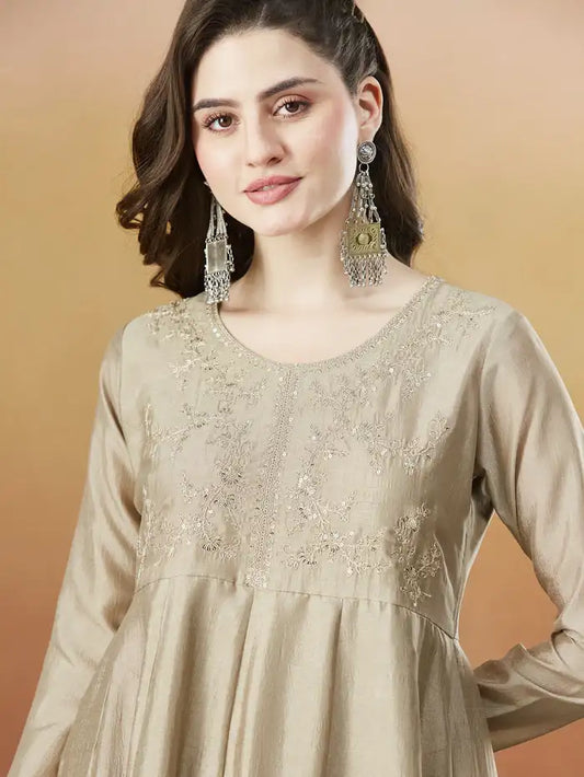Women's Beautiful Vichitra Silk Fabric Embroidery Work Flared Anarkali Pant and Dupatta Set