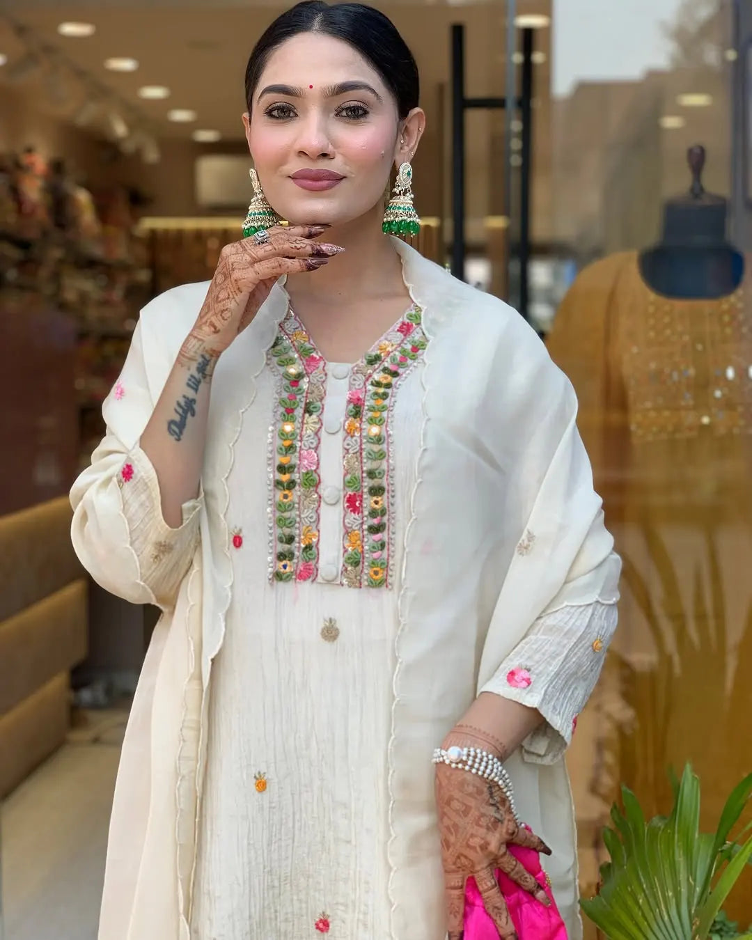 Women's Gorgeous Chinon Fabric Embroidery Work Straight Kurta Pant and Dupatta Set