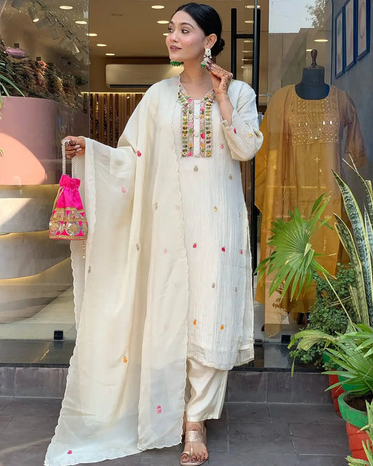 Women's Gorgeous Chinon Fabric Embroidery Work Straight Kurta Pant and Dupatta Set