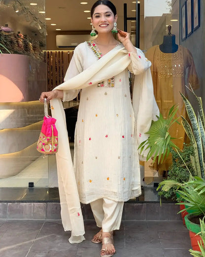 Women's Gorgeous Chinon Fabric Embroidery Work Straight Kurta Pant and Dupatta Set