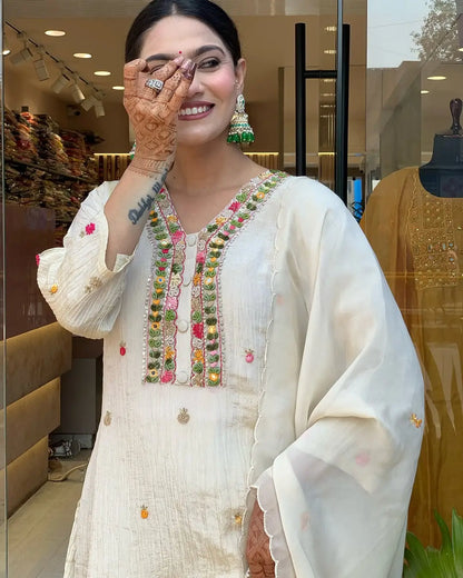 Women's Gorgeous Chinon Fabric Embroidery Work Straight Kurta Pant and Dupatta Set
